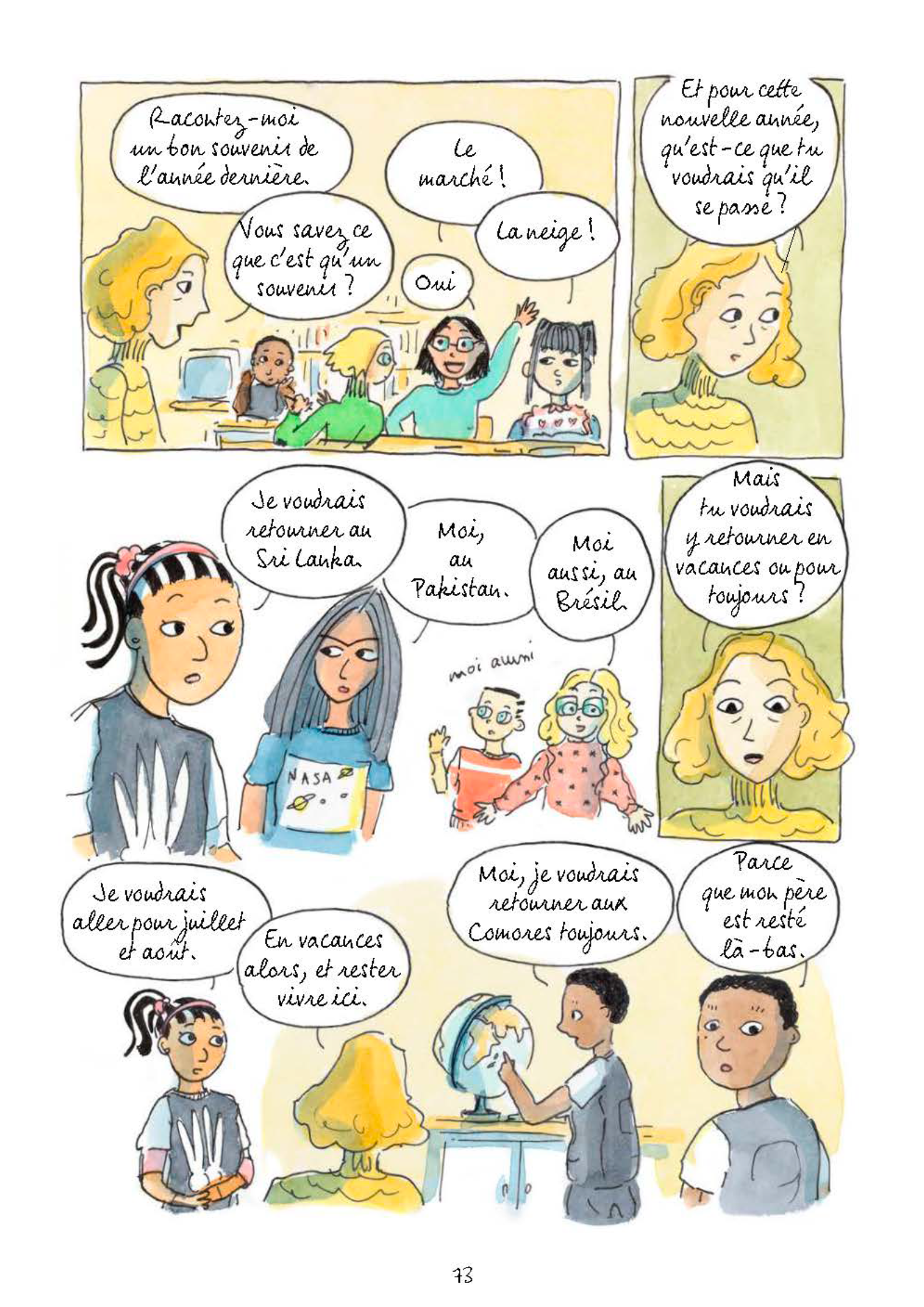 Premiers récits autour de l’avion Planche illustrée montrant une enseignante interrogeant sa classe sur un événement important de l’année passée, puis une discussion entre enfants autour de leur arrivée en France et de leur première expérience en avion, entre curiosité, peur et découverte.