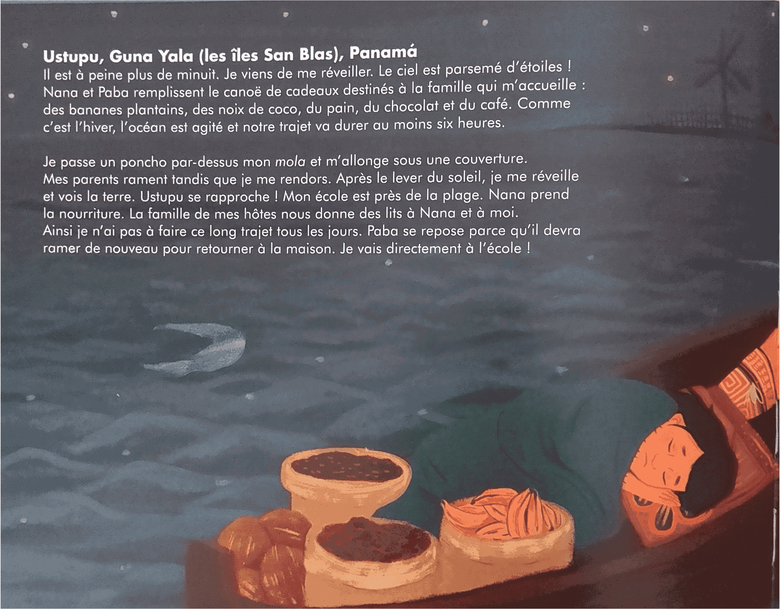 Illustration de deux enfants gunas pagayant dans une pirogue sur l’océan, accompagnée d’un texte présentant le Panama et le peuple guna, avec le drapeau panaméen en bas de page.