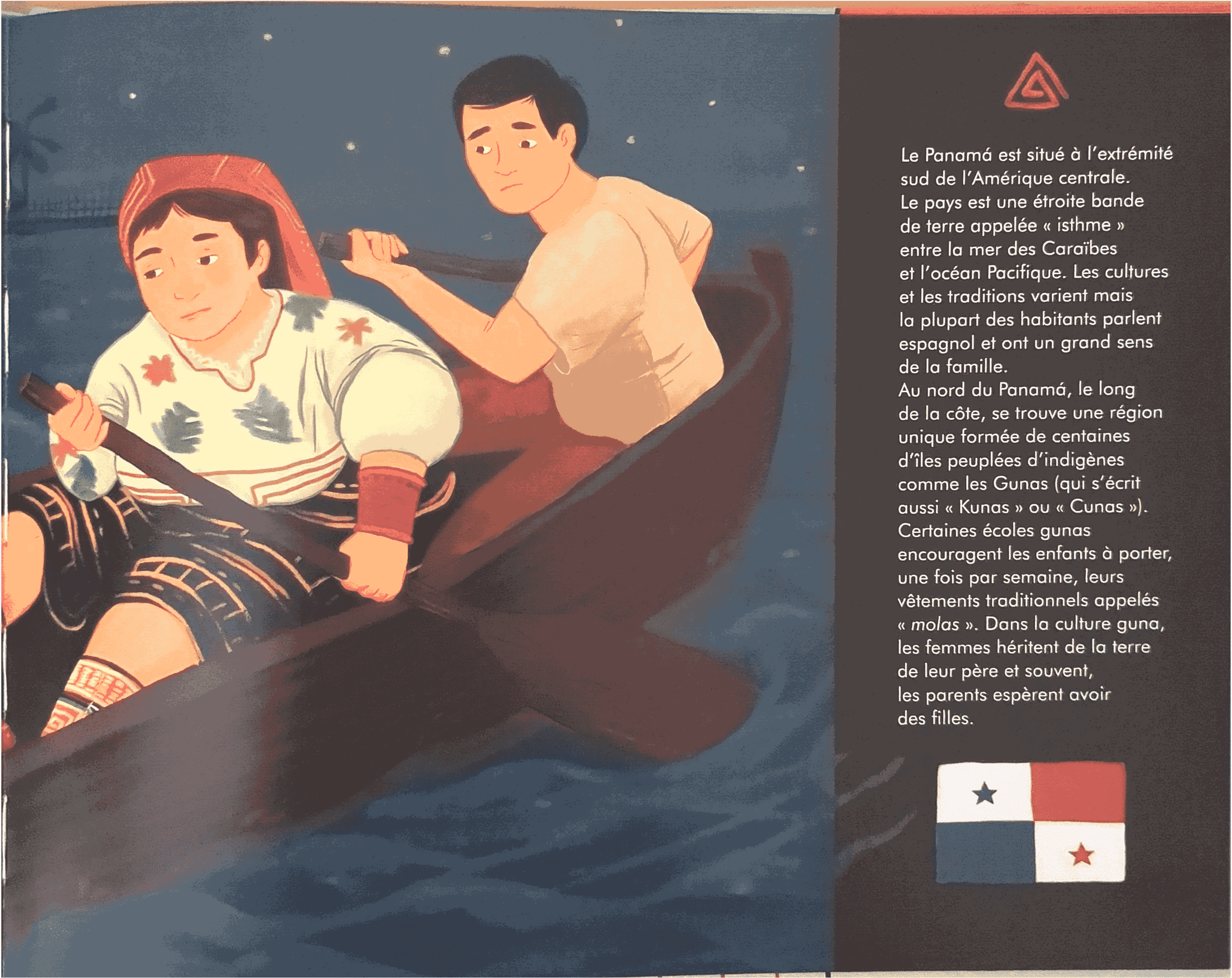 Illustration d’un enfant guna dormant dans une pirogue remplie de vivres, de nuit sur l’océan, avec un texte racontant le trajet vers l’île d’Ustupu dans la région de Guna Yala au Panama